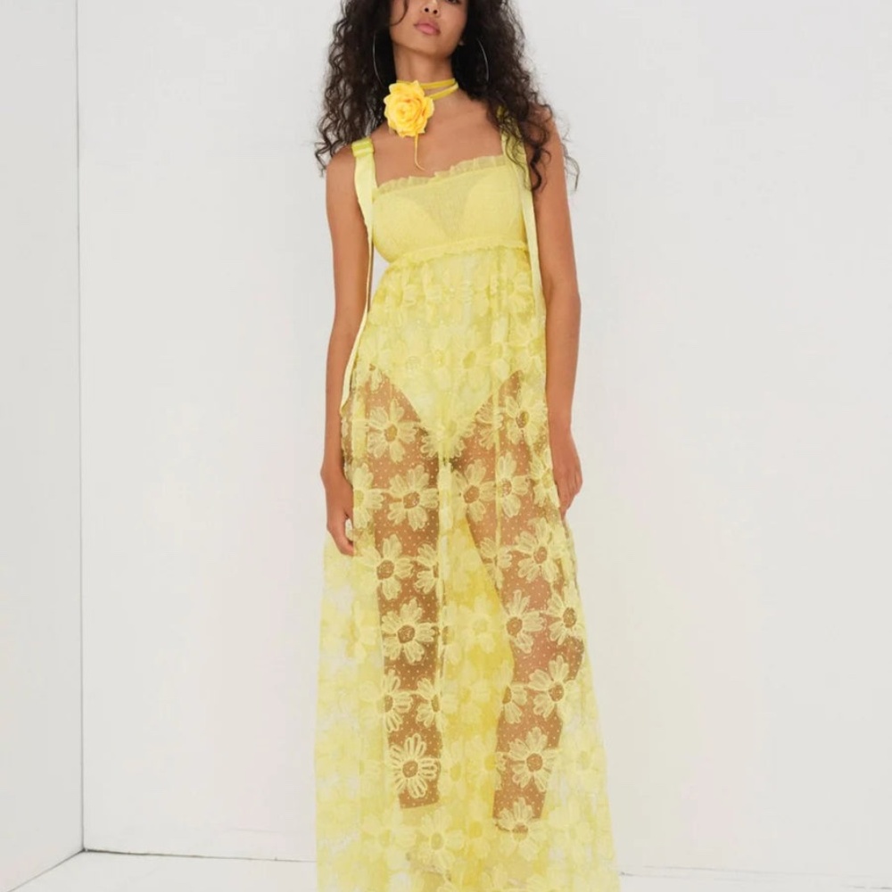 For Love And Lemons Yellow Floral Lace Maxi Dress